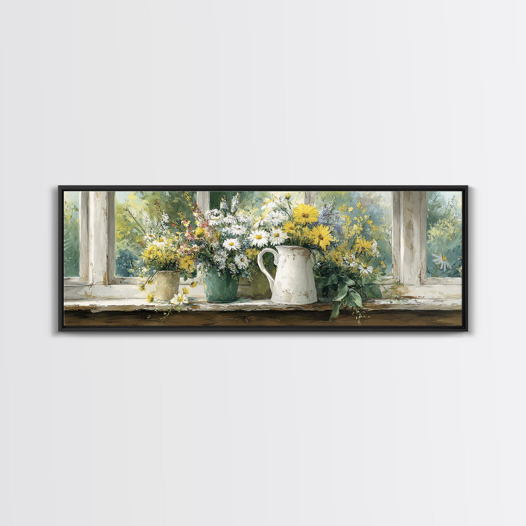 Country Wildflowers in a Chipped Ceramic Pitcher Canvas Print, Bed and Breakfast Art, Trendy Wall Art, Living Room Decor, BAB-3x1-17