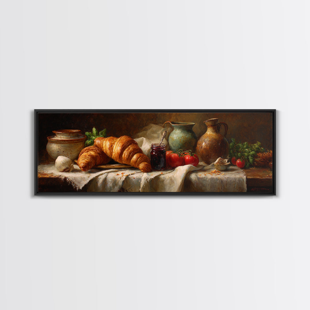 Fresh Croissants and Jam on a Linen Framed Canvas Print, Bed and Breakfast Art, Printable Art, Living Room Decor, Abstract Art, BAB-3x1-18