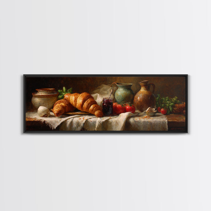 Fresh Croissants and Jam on a Linen Framed Canvas Print, Bed and Breakfast Art, Printable Art, Living Room Decor, Abstract Art, BAB-3x1-18