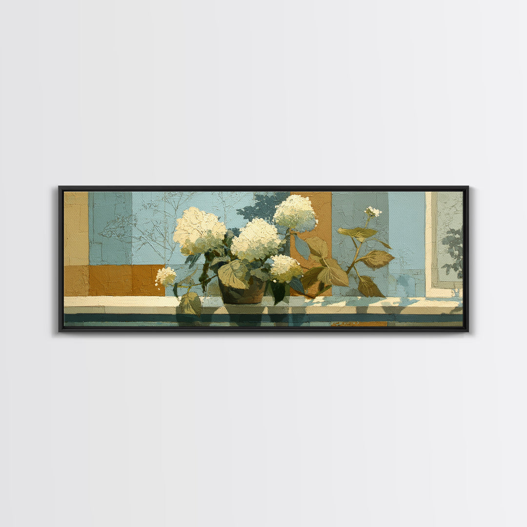 Sunlit Hydrangeas on a Windowsill Framed Canvas Print, Bed and Breakfast Art, Canvas Wall Art, Living Room Decor, Fine Art, BAB-3x1-2