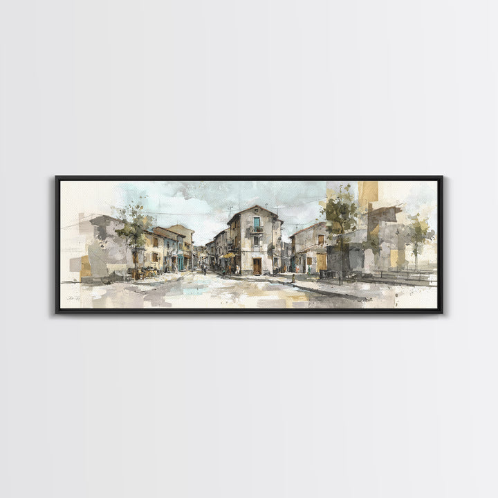 Soft Watercolor Village Street at Dawn Canvas Print, Bed and Breakfast Art, Farmhouse Wall Art, Living Room Decor, Fine Art, BAB-3x1-21