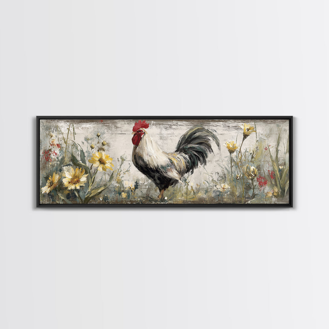 Rooster and Wildflower Country Portrait Canvas Print, Bed and Breakfast Art, Minimalist Decor, Living Room Decor, Oil Painting, BAB-3x1-35