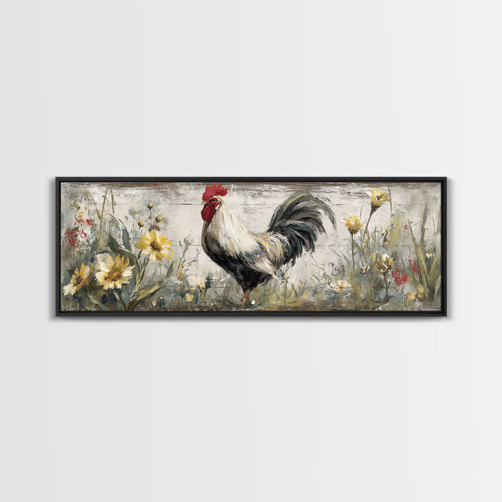 Rooster and Wildflower Country Portrait Canvas Print, Bed and Breakfast Art, Minimalist Decor, Living Room Decor, Oil Painting, BAB-3x1-35