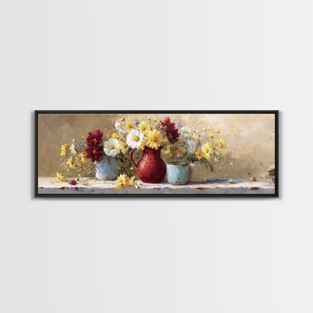 Country Wildflowers in a Chipped Ceramic Pitcher Canvas Print, Bed and Breakfast Art, Rustic Home Decor, Living Room Decor, BAB-3x1-41