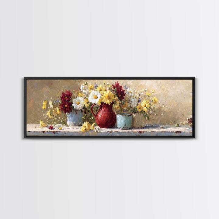 Country Wildflowers in a Chipped Ceramic Pitcher Canvas Print, Bed and Breakfast Art, Rustic Home Decor, Living Room Decor, BAB-3x1-41