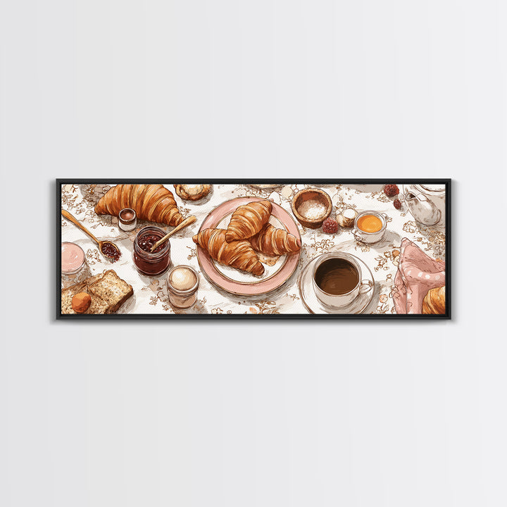 Fresh Croissants and Jam on a Linen Canvas Print, Bed and Breakfast Art, Bedroom Wall Art, Living Room Decor, Abstract Art, BAB-3x1-42