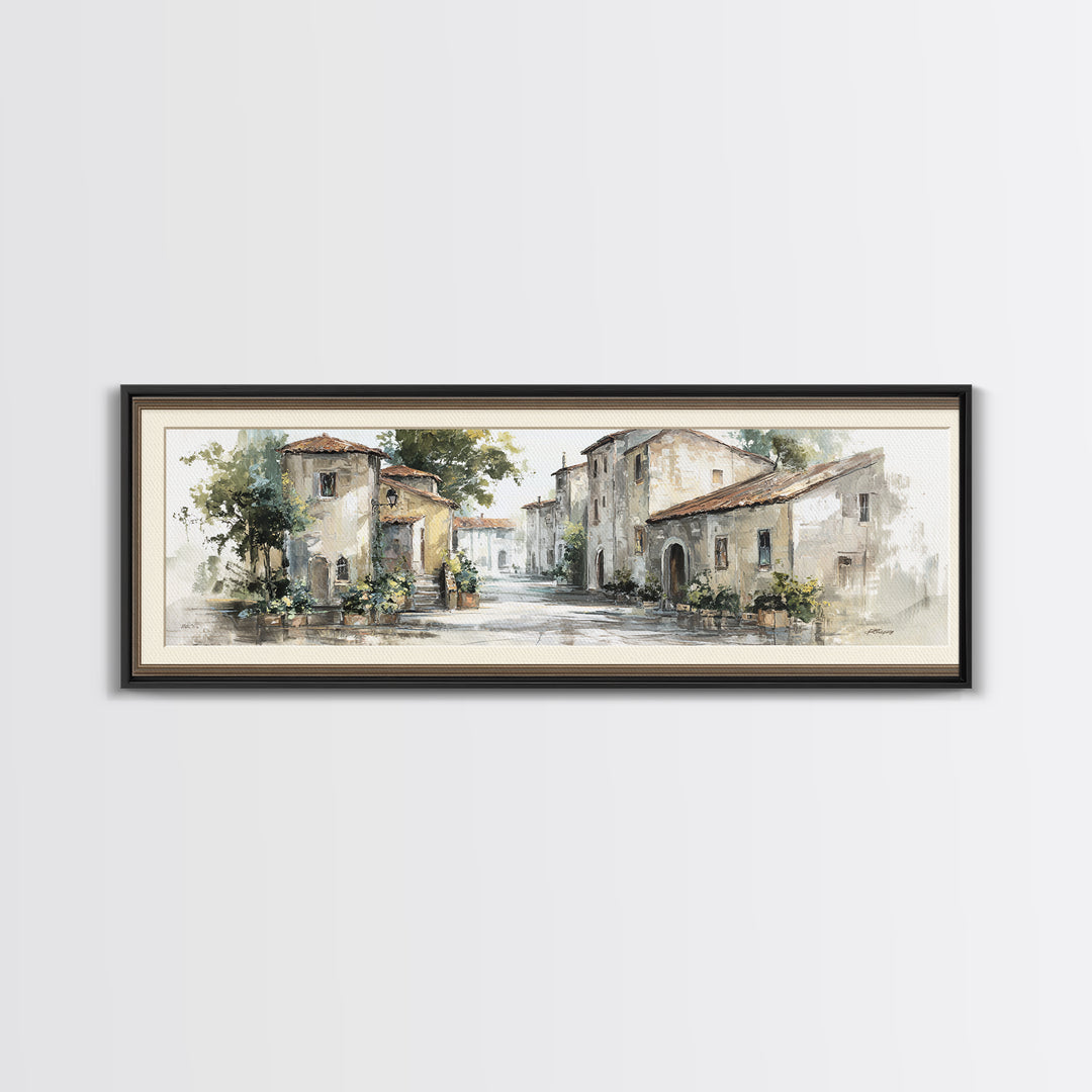 Soft Watercolor Village Street at Dawn Canvas Print, Bed and Breakfast Art, Farmhouse Wall Art, Living Room Decor, Fine Art, BAB-3x1-45