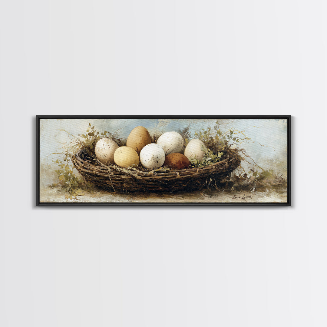Fresh Eggs in a Woven Basket with Canvas Print, Bed and Breakfast Art, Bedroom Wall Decor, Living Room Decor, Fine Art, BAB-3x1-46
