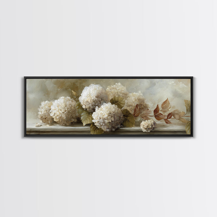 Sunlit Hydrangeas on a Windowsill Canvas Print, Bed and Breakfast Art, Living Room Decor, Watercolor Art, Folk Art, BAB-3x1-50