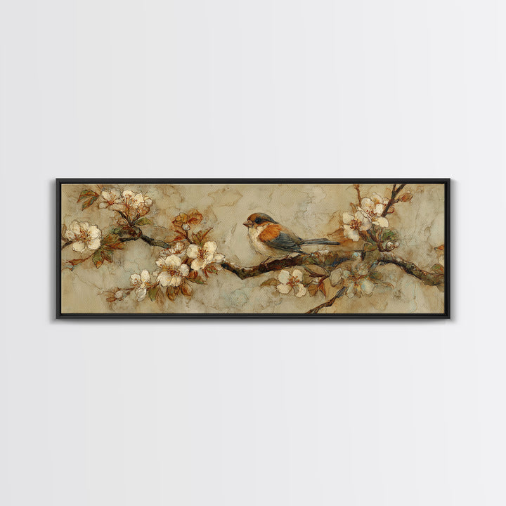 Small Bird on a Flowering Branch Canvas Print, Bed and Breakfast Art, Folk Art, Living Room Decor, Watercolor Art, BAB-3x1-54