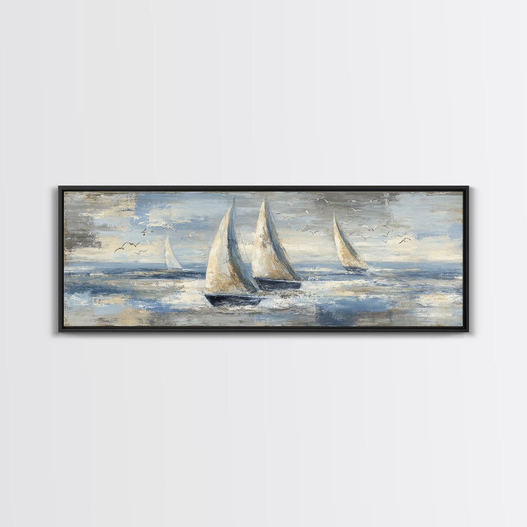 Coastal Inn Sailboat at Sunrise Framed Canvas Print, Bed and Breakfast Art, Folk Art, Living Room Decor, Fine Art, BAB-3x1-57