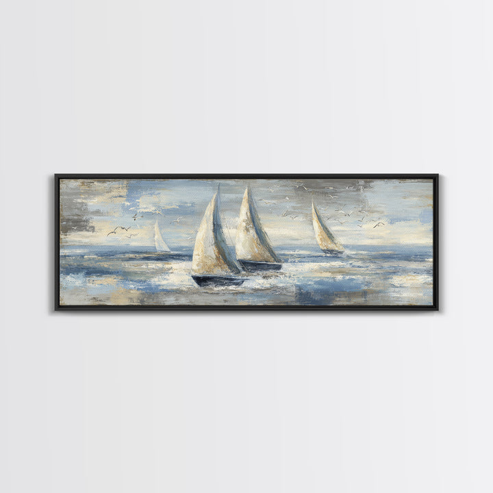 Coastal Inn Sailboat at Sunrise Framed Canvas Print, Bed and Breakfast Art, Folk Art, Living Room Decor, Fine Art, BAB-3x1-57
