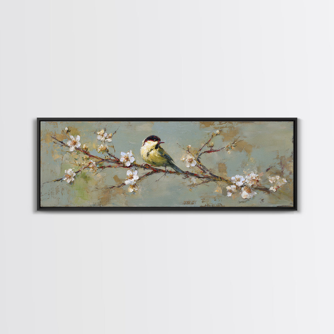 Small Bird on a Flowering Branch Canvas Print, Bed and Breakfast Art, Farmhouse Wall Art, Living Room Decor, Fine Art, BAB-3x1-6