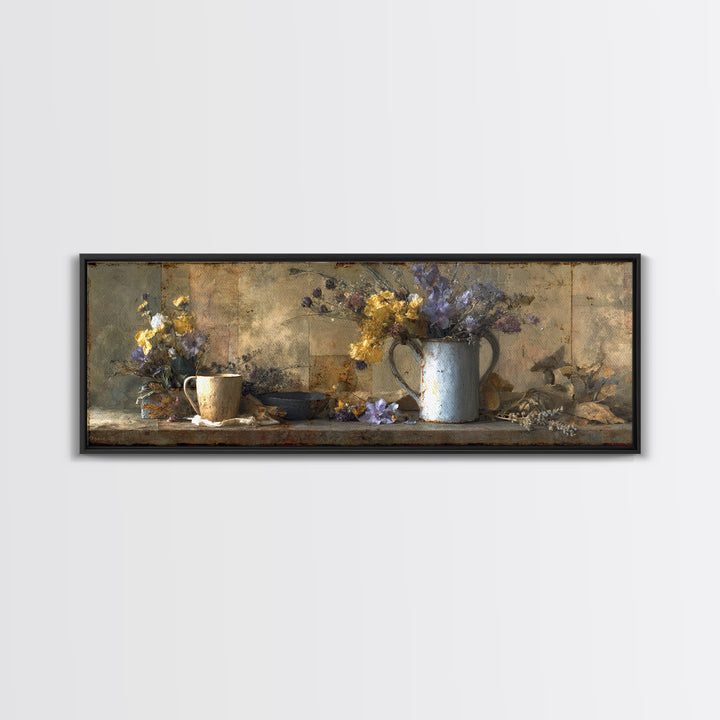 Country Wildflowers in a Chipped Ceramic Pitcher Canvas Print, Bed and Breakfast Art, Rustic Home Decor, Living Room Decor, BAB-3x1-65