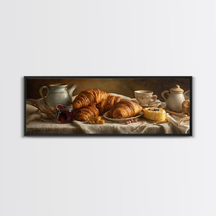 Fresh Croissants and Jam on a Linen Canvas Print, Bed and Breakfast Art, Bedroom Wall Art, Living Room Decor, Abstract Art, BAB-3x1-66