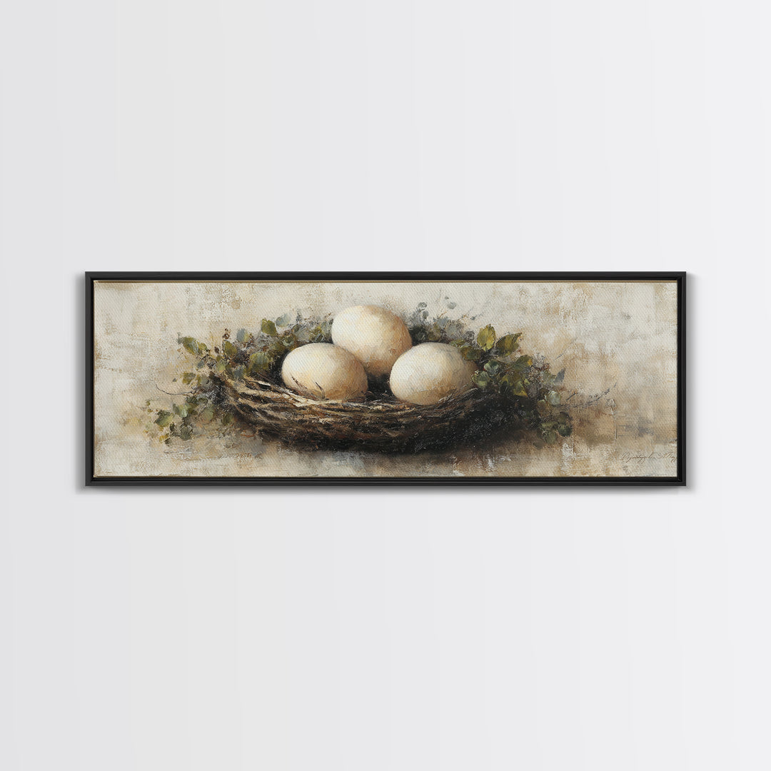 Fresh Eggs in a Woven Basket with Canvas Print, Bed and Breakfast Art, Wall Art, Living Room Decor, Oil Painting, BAB-3x1-70