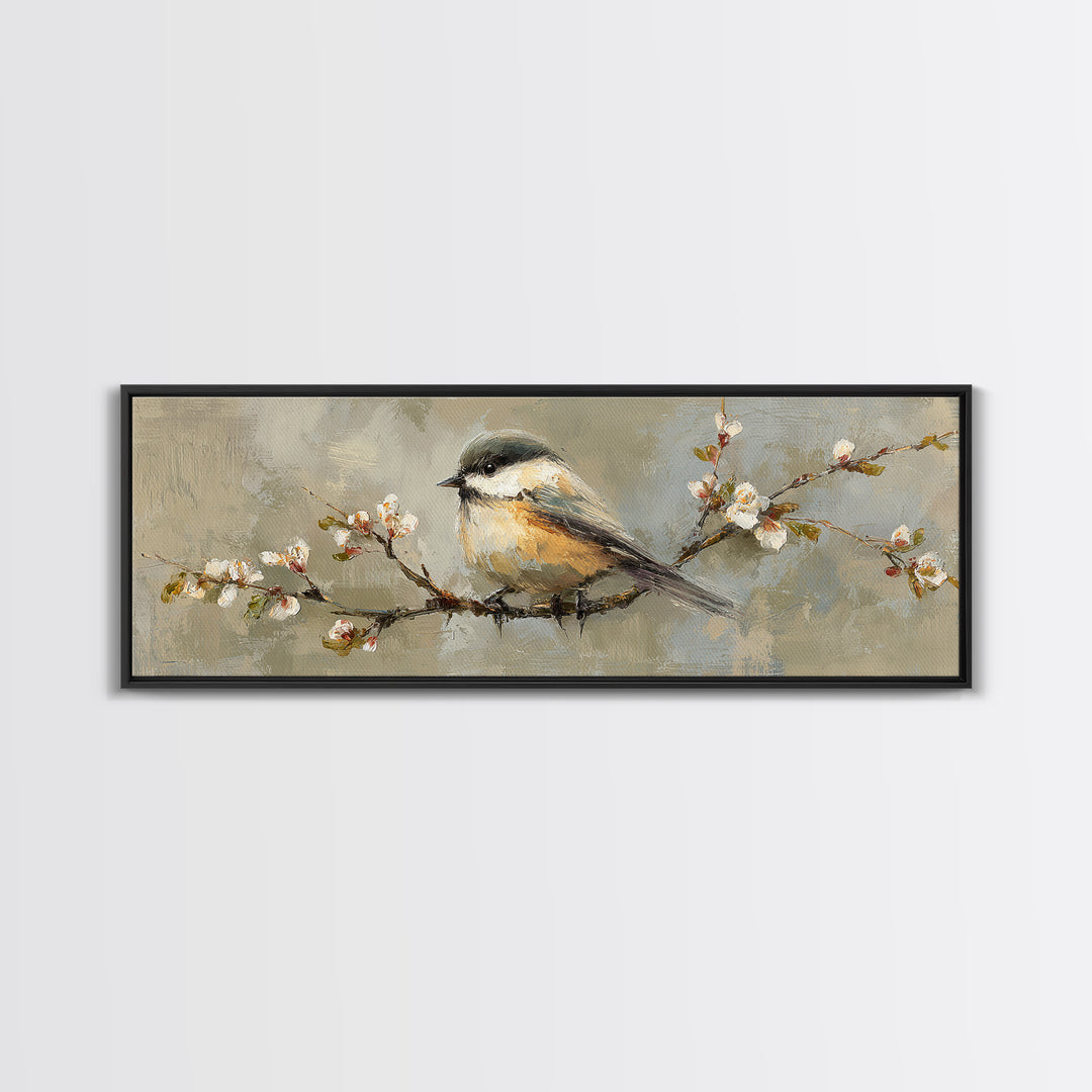 Small Bird on a Flowering Branch Canvas Print, Bed and Breakfast Art, Printable, Living Room Decor, Oil Painting, BAB-3x1-78