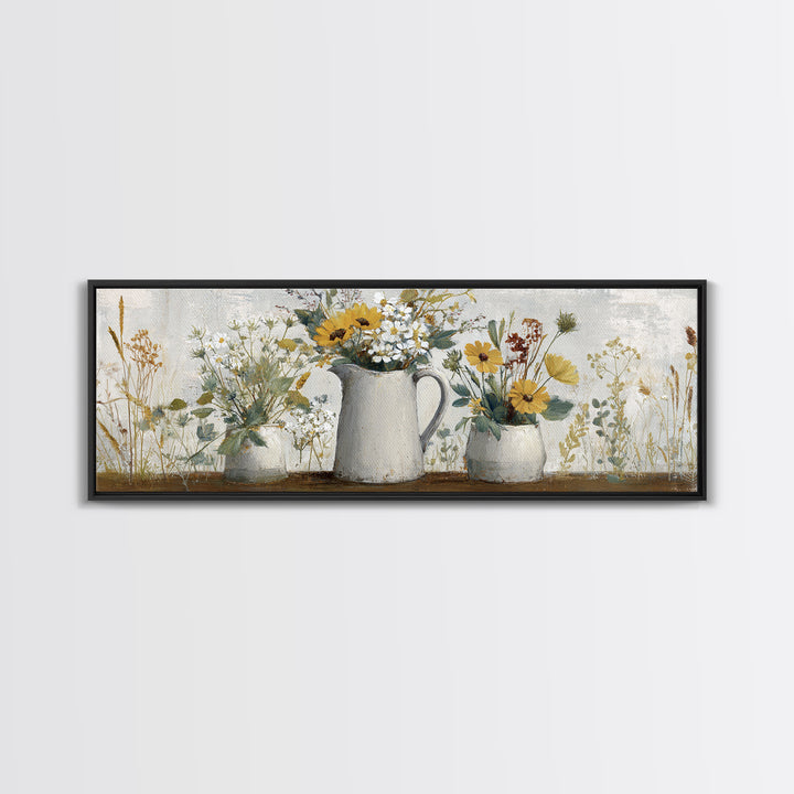 Country Wildflowers in a Chipped Ceramic Pitcher Canvas Print, Bed and Breakfast Art, Boho Decor, Living Room Decor, BAB-3x1-89
