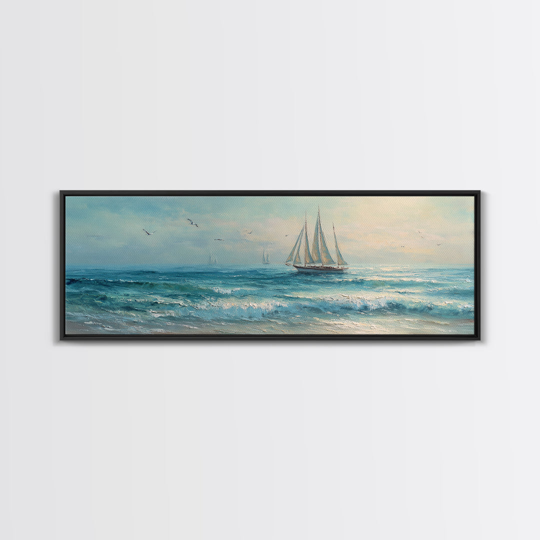 Coastal Inn Sailboat at Sunrise Framed Canvas Print, Bed and Breakfast Art, Dopamine Decor, Living Room Decor, Fine Art, BAB-3x1-9