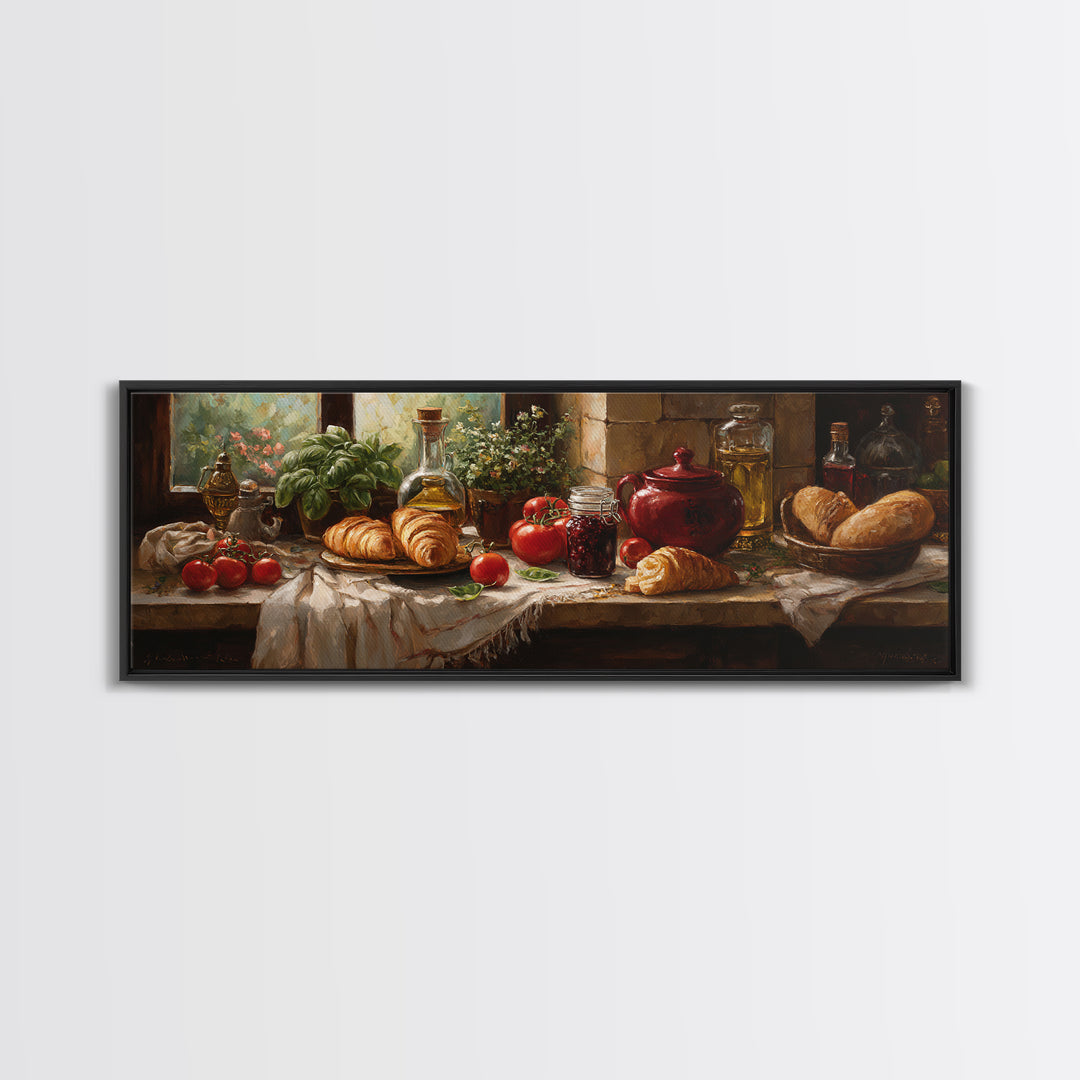 Fresh Croissants and Jam on a Linen Canvas Print, Bed and Breakfast Art, Farmhouse Wall Art, Living Room Decor, BAB-3x1-90
