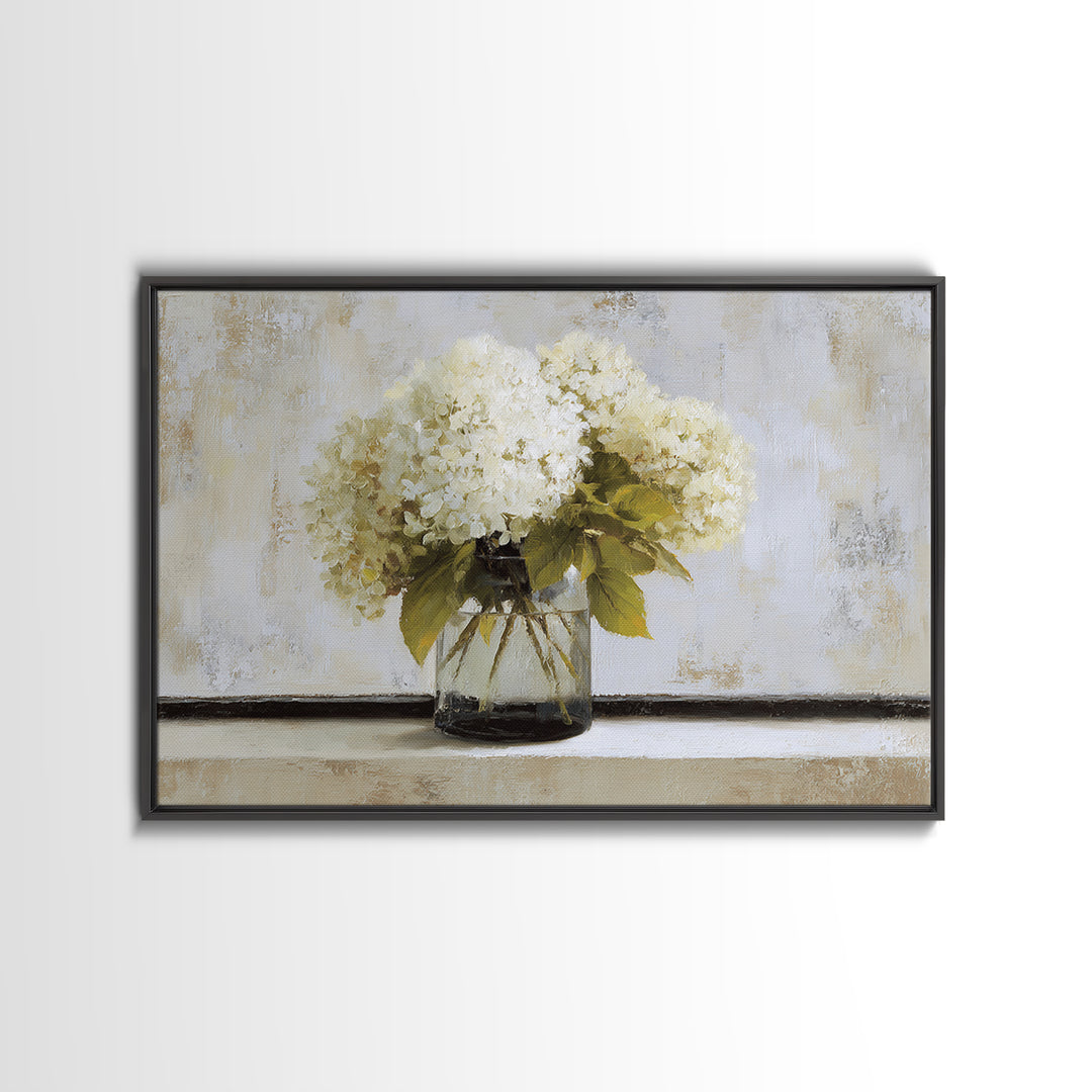 Sunlit Hydrangeas on a Windowsill Framed Canvas Print, Bed and Breakfast Art, Wood Wall Art, Living Room Decor, Fine Art, BAB-3x2-14