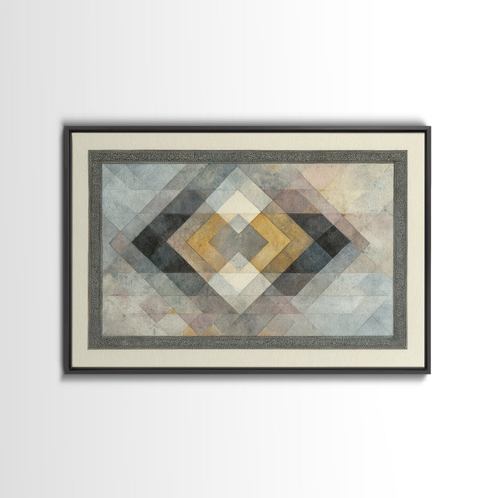 Quilt Pattern Folk Art Composition Framed Canvas Print, Bed and Breakfast Art, Bedroom Wall Art, Living Room Decor, Fine Art, BAB-3x2-15
