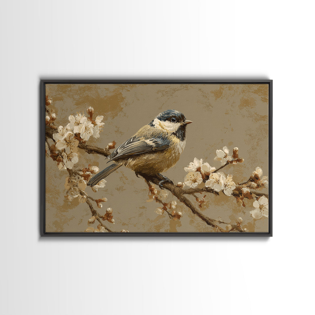 Small Bird on a Flowering Branch Framed Canvas Print, Bed and Breakfast Art, Printable Art, Living Room Decor, Watercolor Art, BAB-3x2-18