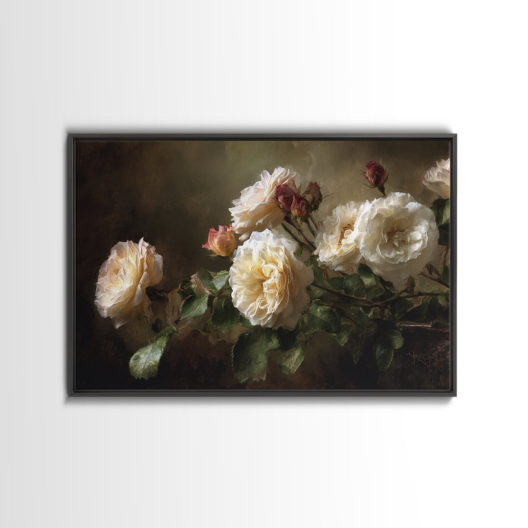 Garden Roses in Romantic Oil Paint Framed Canvas Print, Bed and Breakfast Art, Bedroom Prints, Living Room Decor, Fine Art, BAB-3x2-25
