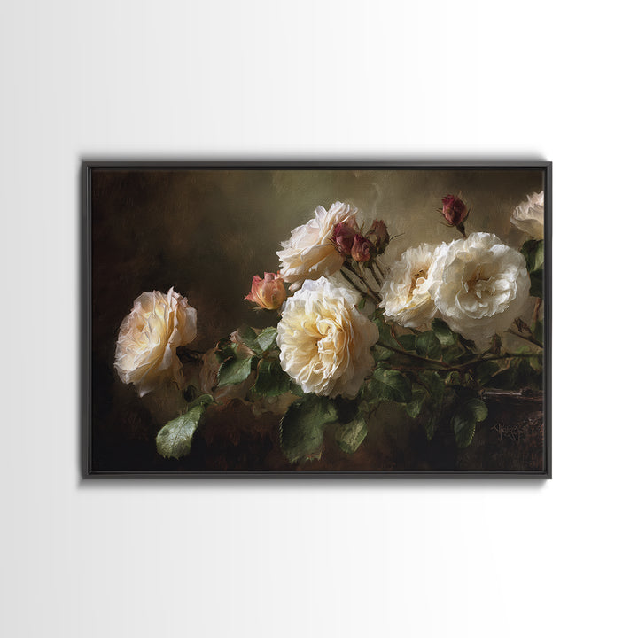 Garden Roses in Romantic Oil Paint Framed Canvas Print, Bed and Breakfast Art, Bedroom Prints, Living Room Decor, Fine Art, BAB-3x2-25