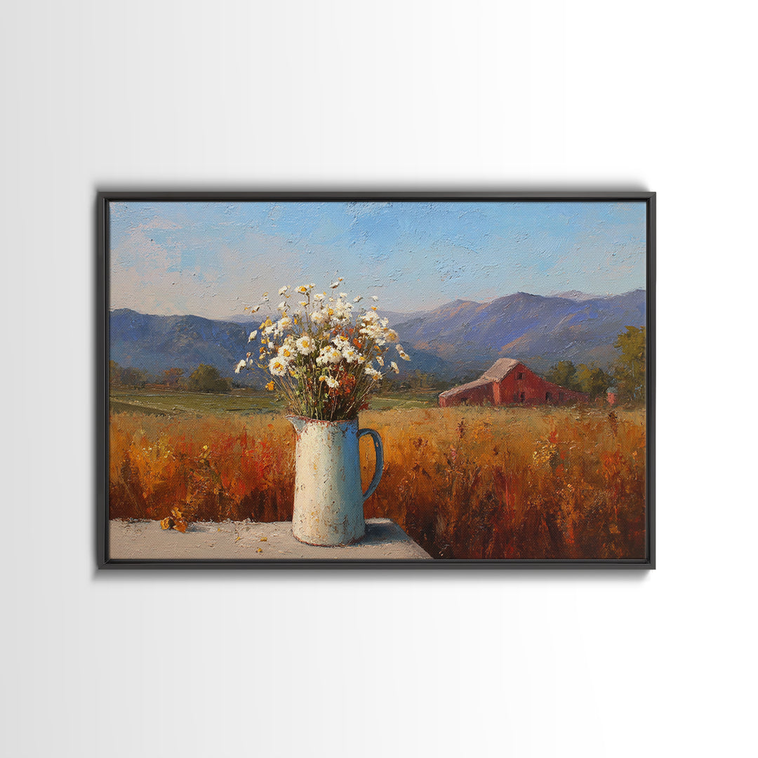 Country Wildflowers in a Chipped Ceramic Pitcher Canvas Print, Bed and Breakfast Art, Modern Decor, Living Room Decor, BAB-3x2-29