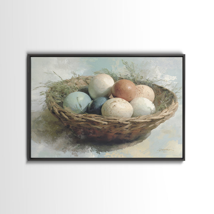 Fresh Eggs in a Woven Basket with Canvas Print, Bed and Breakfast Art, Coffee Art, Living Room Decor, Watercolor Art, BAB-3x2-34