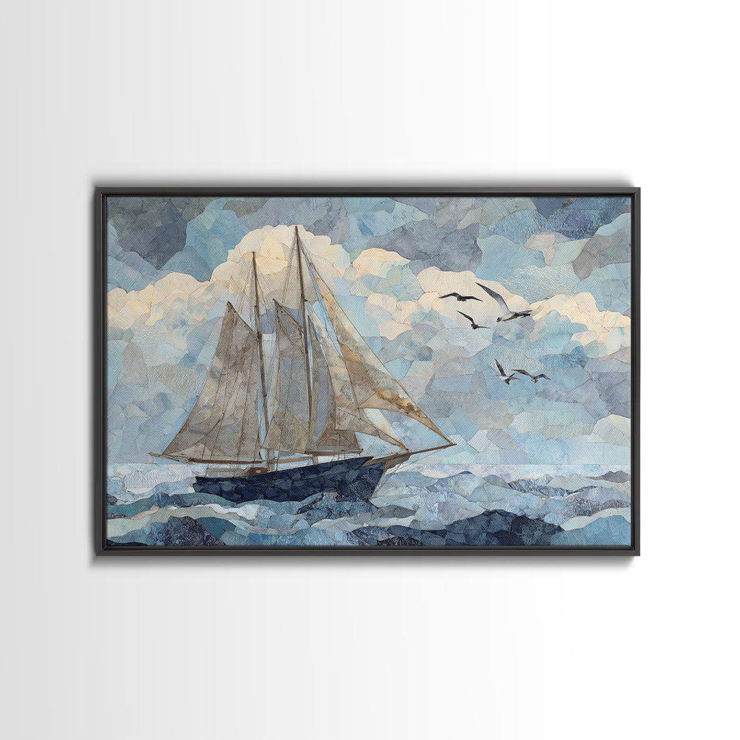 Coastal Inn Sailboat at Sunrise Framed Canvas Print, Bed and Breakfast Art, Gallery Decor, Living Room Decor, Fine Art, BAB-3x2-45