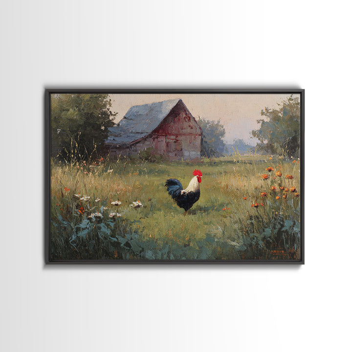 Rooster and Wildflower Country Portrait Framed Canvas Print, Bed and Breakfast Art, Digital Art, Living Room Decor, Fine Art, BAB-3x2-47