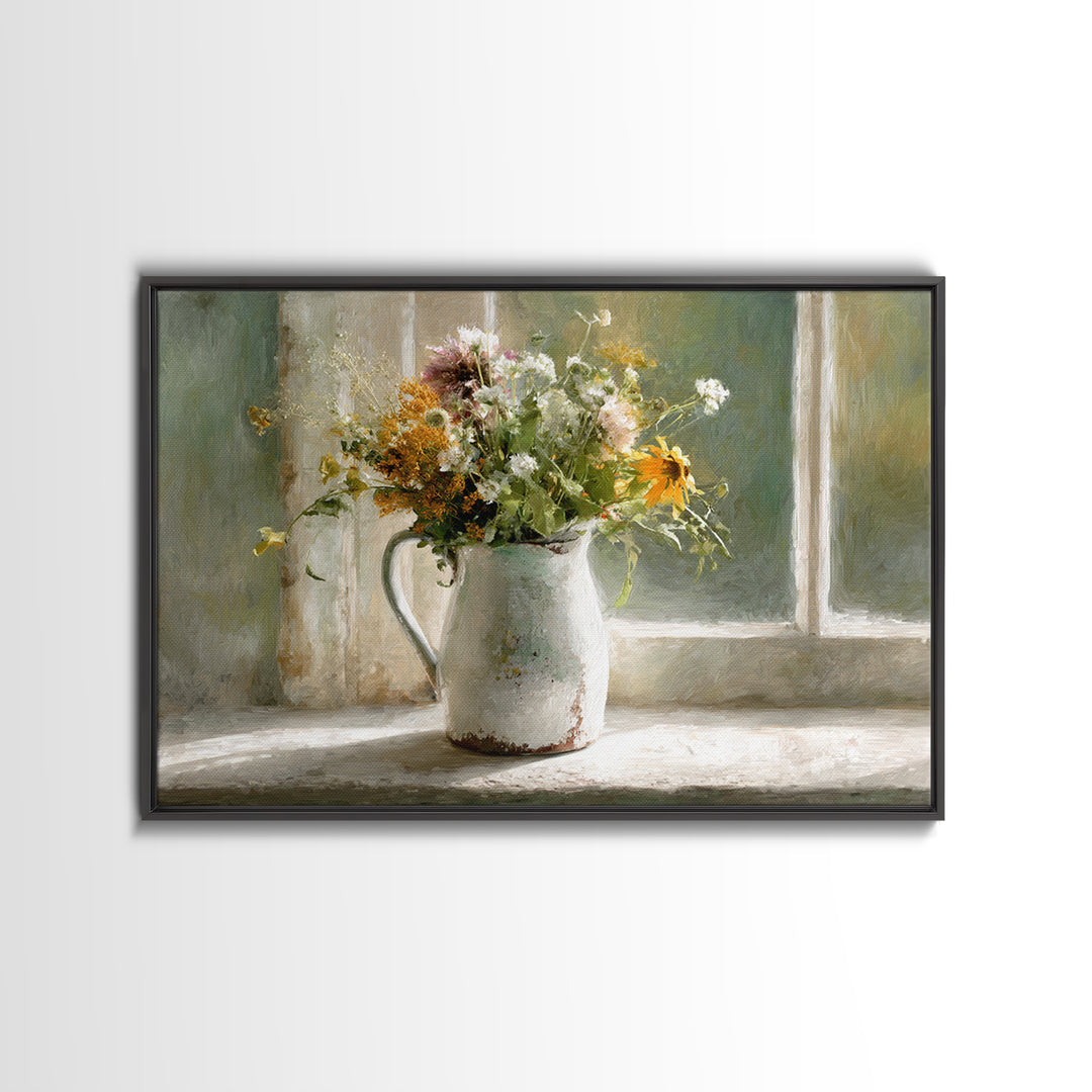 Country Wildflowers in a Chipped Ceramic Pitcher Canvas Print, Bed and Breakfast Art, Coffee Wall Art, Living Room Decor, BAB-3x2-5