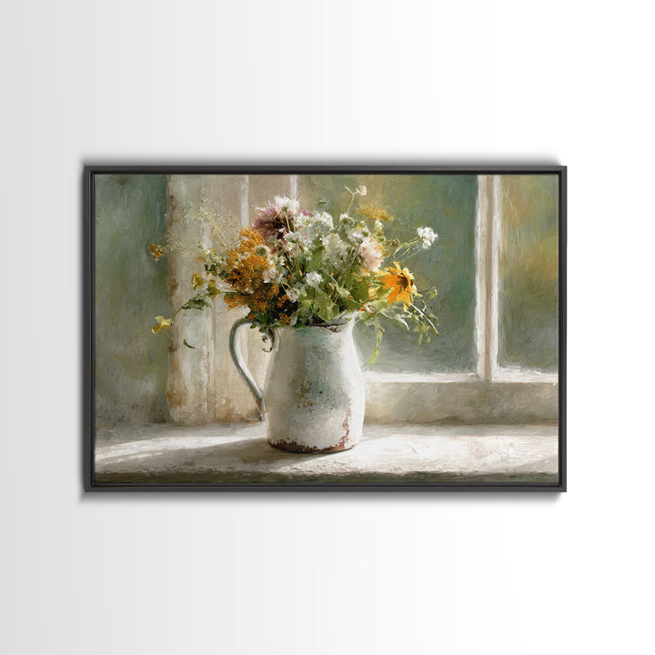 Country Wildflowers in a Chipped Ceramic Pitcher Canvas Print, Bed and Breakfast Art, Coffee Wall Art, Living Room Decor, BAB-3x2-5