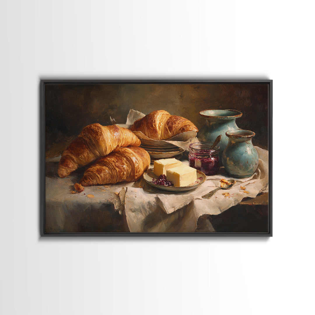 Fresh Croissants and Jam on a Linen Canvas Print, Bed and Breakfast Art, Above Bed Decor, Living Room Decor, Fine Art, BAB-3x2-54