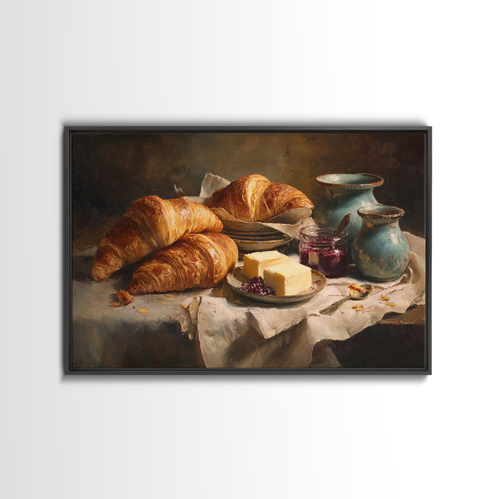 Fresh Croissants and Jam on a Linen Canvas Print, Bed and Breakfast Art, Above Bed Decor, Living Room Decor, Fine Art, BAB-3x2-54