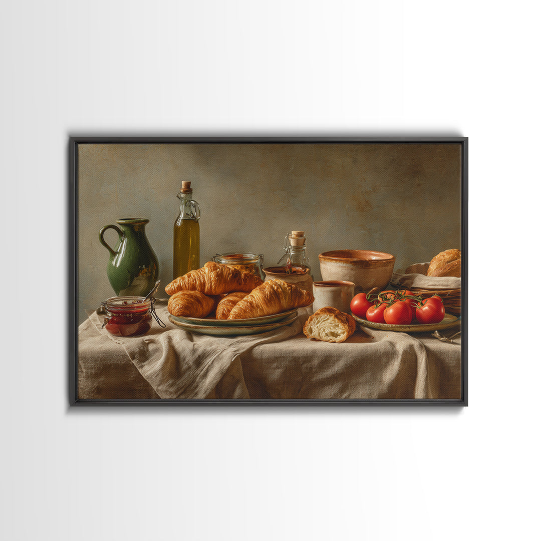 Fresh Croissants and Jam on a Linen Framed Canvas Print, Bed and Breakfast Art, Dopamine Decor, Living Room Decor, Fine Art, BAB-3x2-6