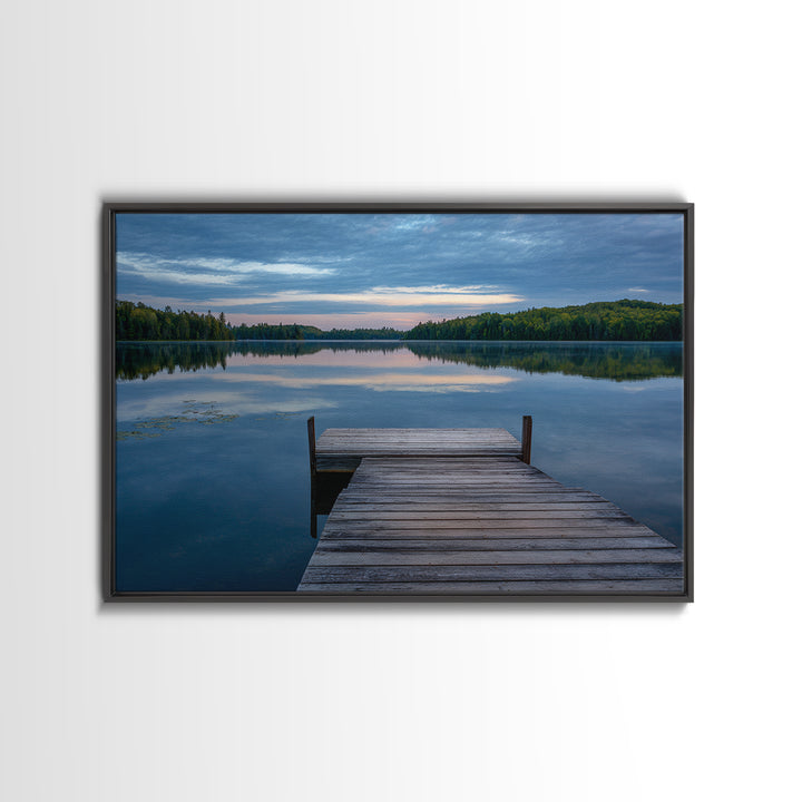 Quiet Lake Dock at Early Morning Framed Canvas Print, Bed and Breakfast Art, Farmhouse Wall Decor, Living Room Decor, Fine Art, BAB-3x2-74