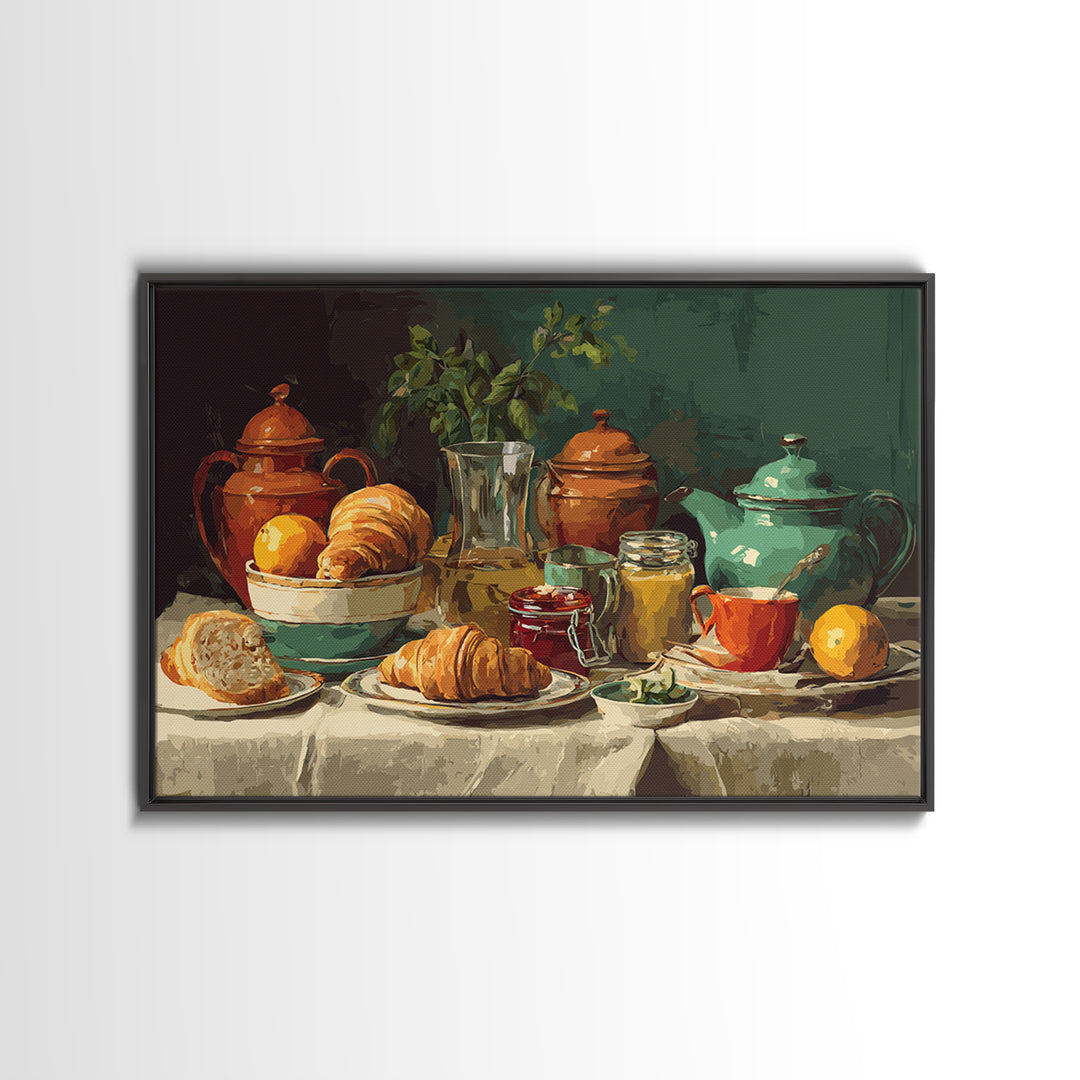 Fresh Croissants and Jam on a Linen Framed Canvas Print, Bed and Breakfast Art, Folk Art, Living Room Decor, Abstract Art, BAB-3x2-78