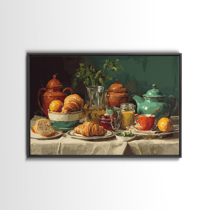Fresh Croissants and Jam on a Linen Framed Canvas Print, Bed and Breakfast Art, Folk Art, Living Room Decor, Abstract Art, BAB-3x2-78