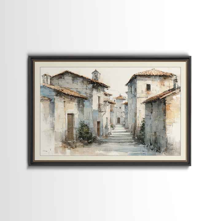 Soft Watercolor Village Street at Dawn Framed Canvas Print, Bed and Breakfast Art, Fine Art Print, Living Room Decor, Fine Art, BAB-3x2-81