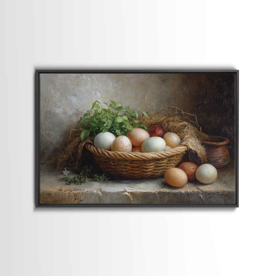 Fresh Eggs in a Woven Basket with Framed Canvas Print, Bed and Breakfast Art, Bedroom Art, Living Room Decor, Oil Painting, BAB-3x2-82