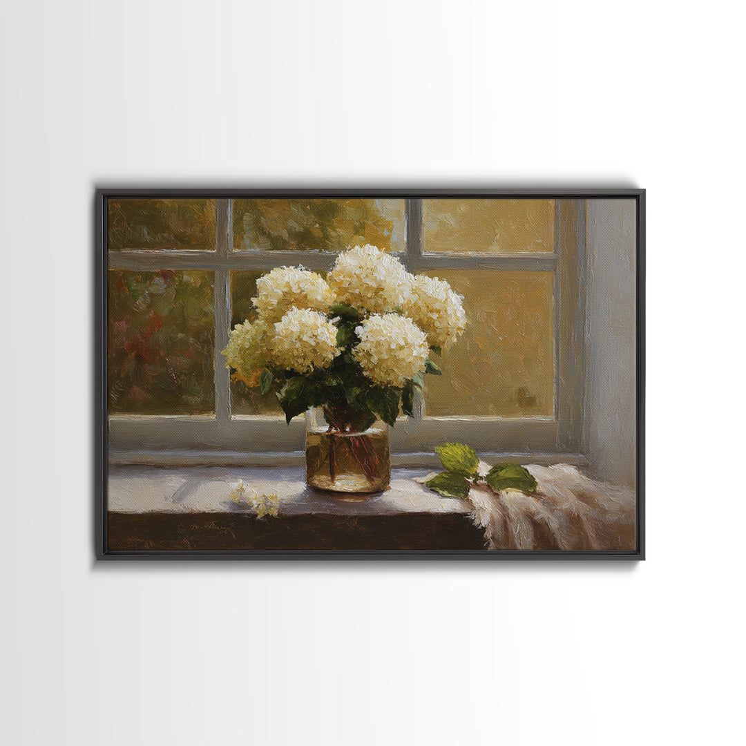 Sunlit Hydrangeas on a Windowsill Framed Canvas Print, Bed and Breakfast Art, Trendy Wall Art, Living Room Decor, Fine Art, BAB-3x2-86