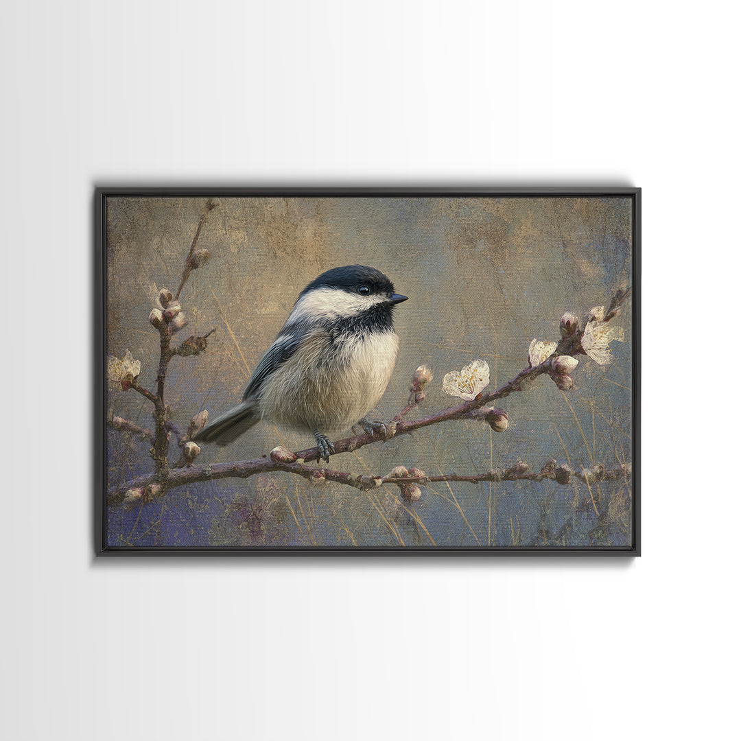 Small Bird on a Flowering Branch Framed Canvas Print, Bed and Breakfast Art, Farmhouse Wall Art, Living Room Decor, Fine Art, BAB-3x2-90