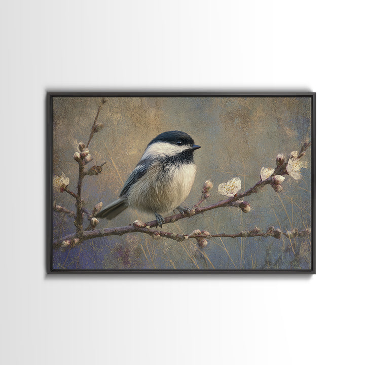 Small Bird on a Flowering Branch Framed Canvas Print, Bed and Breakfast Art, Farmhouse Wall Art, Living Room Decor, Fine Art, BAB-3x2-90
