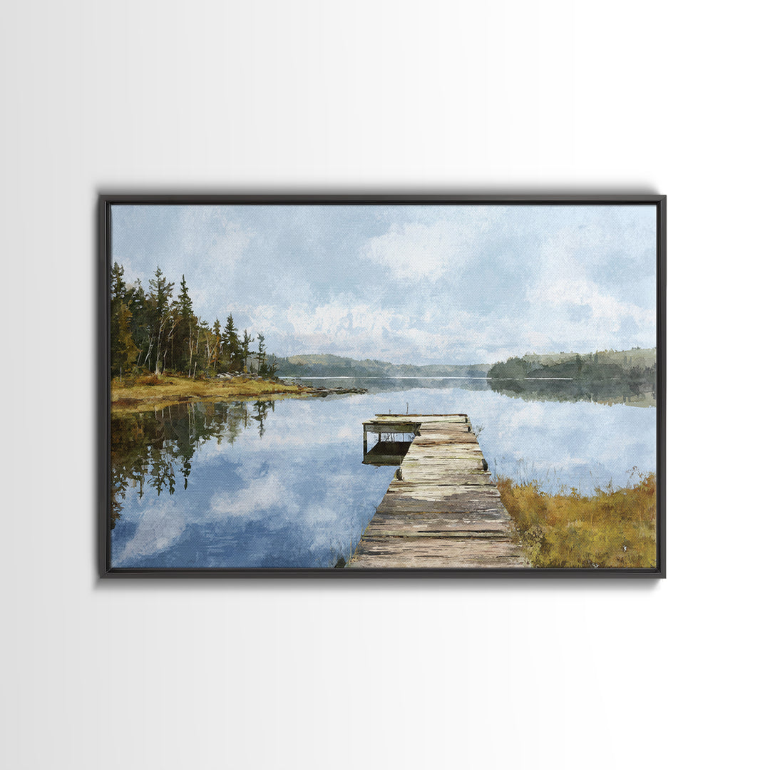 Quiet Lake Dock at Early Morning Canvas Print, Bed and Breakfast Art, Coffee Wall Art, Living Room Decor, Oil Painting, BAB-3x2-98