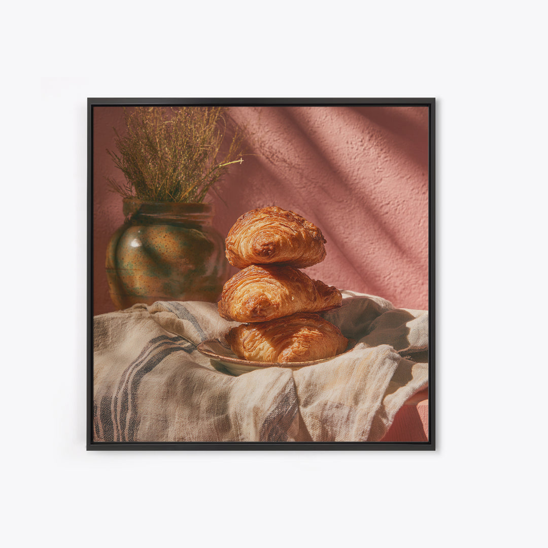Buttery Croissants Stacked on Striped Linen Framed Canvas Print, Bakery Art, Modern Decor, Bakery Decor, Abstract Art, BAK-1x1-1