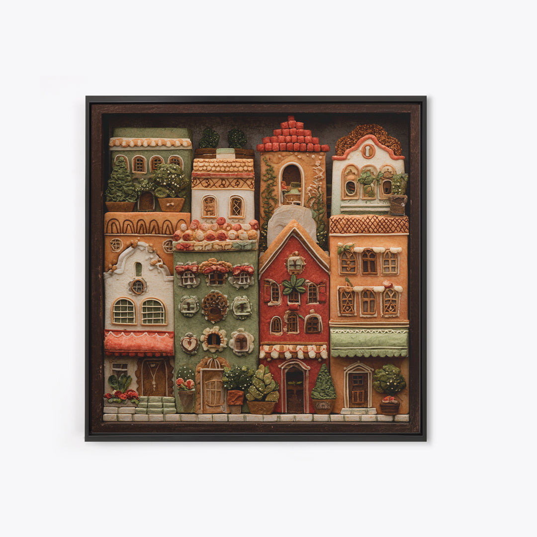 Gingerbread Houses in Charming Folk Art Style Canvas Print, Bakery Art, Whimsical Wall Art, Bakery Decor, Fine Art, Patisserie, BAK-1x1-14
