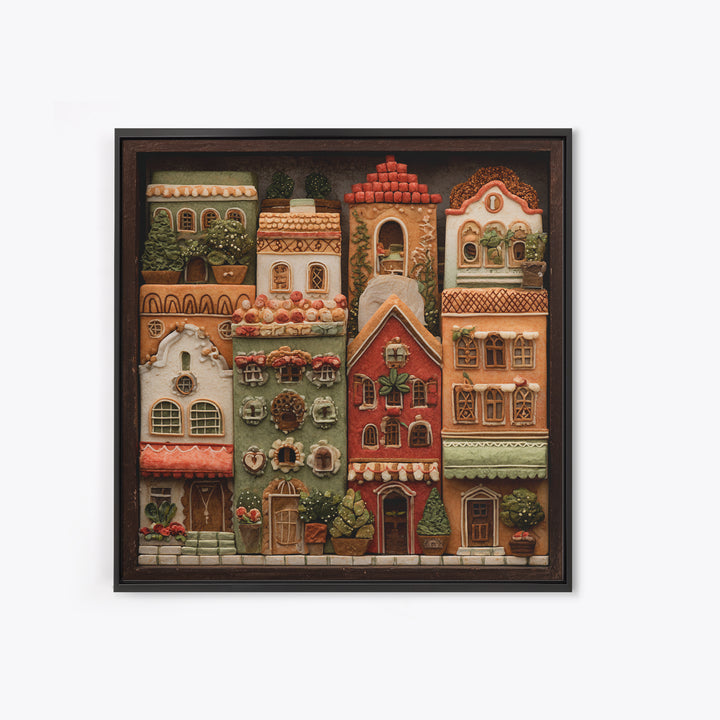 Gingerbread Houses in Charming Folk Art Style Canvas Print, Bakery Art, Whimsical Wall Art, Bakery Decor, Fine Art, Patisserie, BAK-1x1-14